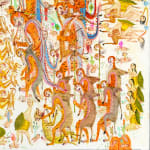Detail shot of a painting by Mu Pan of creatures, animals and human hybrids eating, sleeping, killing, flying and climbing