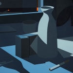 Image of the right canvas in the diptych, titled Inhale. Underneath a slightly open window is a pitcher of sake, a cigarette box with a single cigarette outside of the box and the lit tip of the incense.