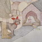 Drawing of an old man laying in a dog house while a dog and its owner stand in front of him