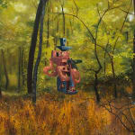 Painting of a forest with lush green trees and amber grass. Floating above the grass is an abstract pink and blue figure.