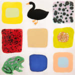 one of four ceramic tiles with nine squares, each containing either a pattern, an animal, or organic shape by Lorien Stern