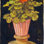 painting of a decorative pot with red leafy flowers