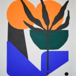 Abstract painting with a dark brown leaf shape, two orange circles, a bright blue shape and a dark green shape on a white background.