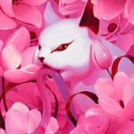 painting of a white cat surrounded by lush pink flowers, holding a pink worm in its mouth by Megan Ellen MacDonald