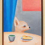 Painting of a Chihuahua sitting at a table with a slice of cheesecake on it