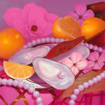 Painting of three oyster shells, one displaying a pearl, surrounded by pink flowers, oranges, and a strand of pearls by Megan Ellen MacDonald