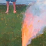 Painting of a firework going off on the grass in front of a trailer with a man in a stripped tank top and blue shorts and his hands on his waist in the background