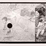Joel Daniel Phillips graphite drawing of faded seated figure with black void on shoulder, seated woman holding baby adjacent in darker black tones