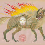 Watercolor image of a hyena looking creature with flames on its back and a woman's face on its stomach