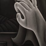 black and white painting of a hand opening a curtain