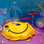 painting of a deflated smiley face baloon surrounded by confetti, balloons, wine glass, and advil bottle