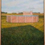 Painting of a pink above ground pool with blue mosaic tiles on green grass with power lines in the distance