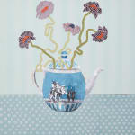 Lizzie Gill painting of blue teapot with purple flowers coming out of it. Blue patterned background