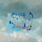 Painting of a clouds on a blue sky with an abstract blue figure in the foreground