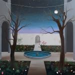 nigh time scene in a garden courtyard lit by the moon