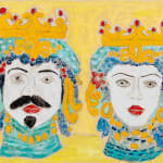 two brightly colored sculpture busts over a yellow background