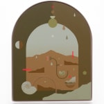 Madeleine Tonzi - Painting separated into two unevenly and each side with layering landscapes, shells, abstract shapes.