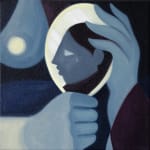 Painting by Liz flores of a womans profile held by two hands in blue scale