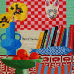 Mosaic still life of an interior with several stacked books, a blue vase with yellow flowers, a green bowls filled with oranges and a cat mask hanging on a pink and red checkered wall.