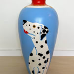 Jillian Evelyn - Sculpture of repurpose vase painted with dogs, blue background, red top