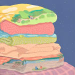 Danym Kwon - Painting of stacked clothes. Some clothes are patterned with sceneries of nature and family memories. The background is solid midnight blue.