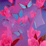 painting of a translucent torso surrounded by large pink flowers and blue butterflies by Megan Ellen MacDonald