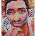 Self portrait of the artist with his hand to his chin wearing a white sleeveless shirt. He has a short beard and dark curly hair.