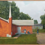 Painting of three amish women with rollerblades on standing in front of a brick red church. There are party streamers in multicolor hanging from the roof of the church. In the background is a blue house and trees