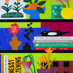 Painting of three black shelves with flowers in vases, a bowl of oranges, stacks of books and knickknacks on a bright green wall