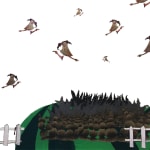 Collage of a green hill and white picket fence with abstract human forms floating in the sky