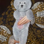 Oil painting portrait of a small fluffy white dog in the arms of an elaborately dressed woman by Sabrina Bockler