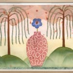 muted watercolor of a single flower in a vase in an outdoor landscape in frame