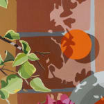 detail of Natalia Juncadella painting of tiles, orchid, oranges on plate and shadows