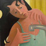 Painting of a woman leaning next to a faucet with a spider dangling from it
