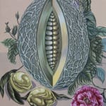 Sabrina Bockler painting of melon in muted tones, blue gray, green, pink and purple florals below