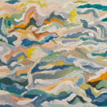 Abstract painting with painterly brush strokes in blue, white, orange, green and yellow