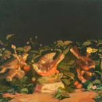 painting of three robins on the forest floor