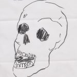Drawing of a human skull with the word Hamlet in pink written underneath on hotel stationery