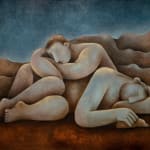 painting of two men resting on one another in a desert landscape by Carlos Rodriguez