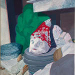 A painting of a gnome and various gardening supplies by Francisco Diaz Scotto