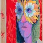 Genevieve Cohn painting of purple woman on red background, wearing feather eye mask in natural wood frame with red floral accents