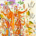 Detail shot of a painting by Mu Pan of creatures, animals and human hybrids eating, sleeping, killing, flying and climbing