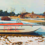 Painting of a small white and red boat with "FREE" spray painted in red on the side. The boat is in the snow of the side of the road, a house and a few trees are in the distance