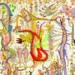 Detail shot of Mu Pan painting of animals and human hybrid creatures eating, fighting, sleeping, etc