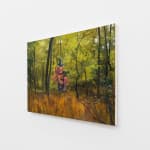 Painting of a forest with lush green trees and amber grass. Floating above the grass is an abstract pink and blue figure.