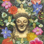 yellow statue head/bust surrounded by colorful flowers