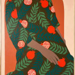 Painting of a persons lower body in a dark brown tunic with a pomegranate pattern on a terracotta background