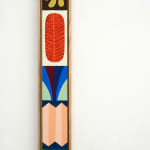 Vertical painting with small designed stacked on top of each other featuring a yellow flower, a red feather, a sun, a checkered green design, a diamond shaped design and a blue flower