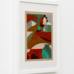 Abstracting painting of a woman holding a green vase