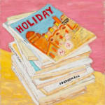 stack of magazine over a yellow and pink background